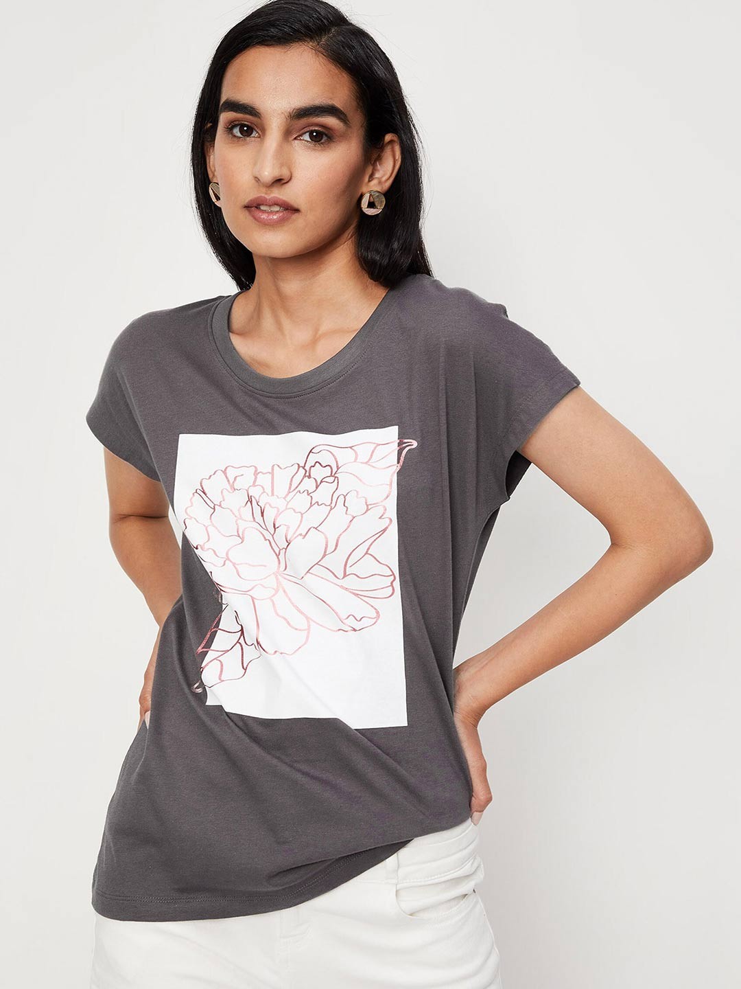 

max Women Grey Graphic Printed Extended Sleeves Cotton T-shirt