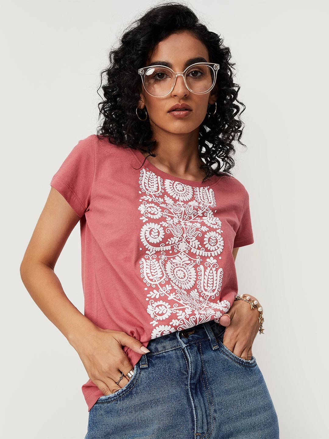 

max Women Peach Floral Printed Cotton T-shirt