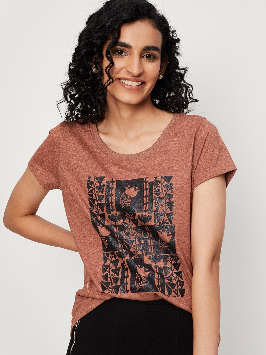 

max Women Rust Printed Round Neck Cotton T-shirt