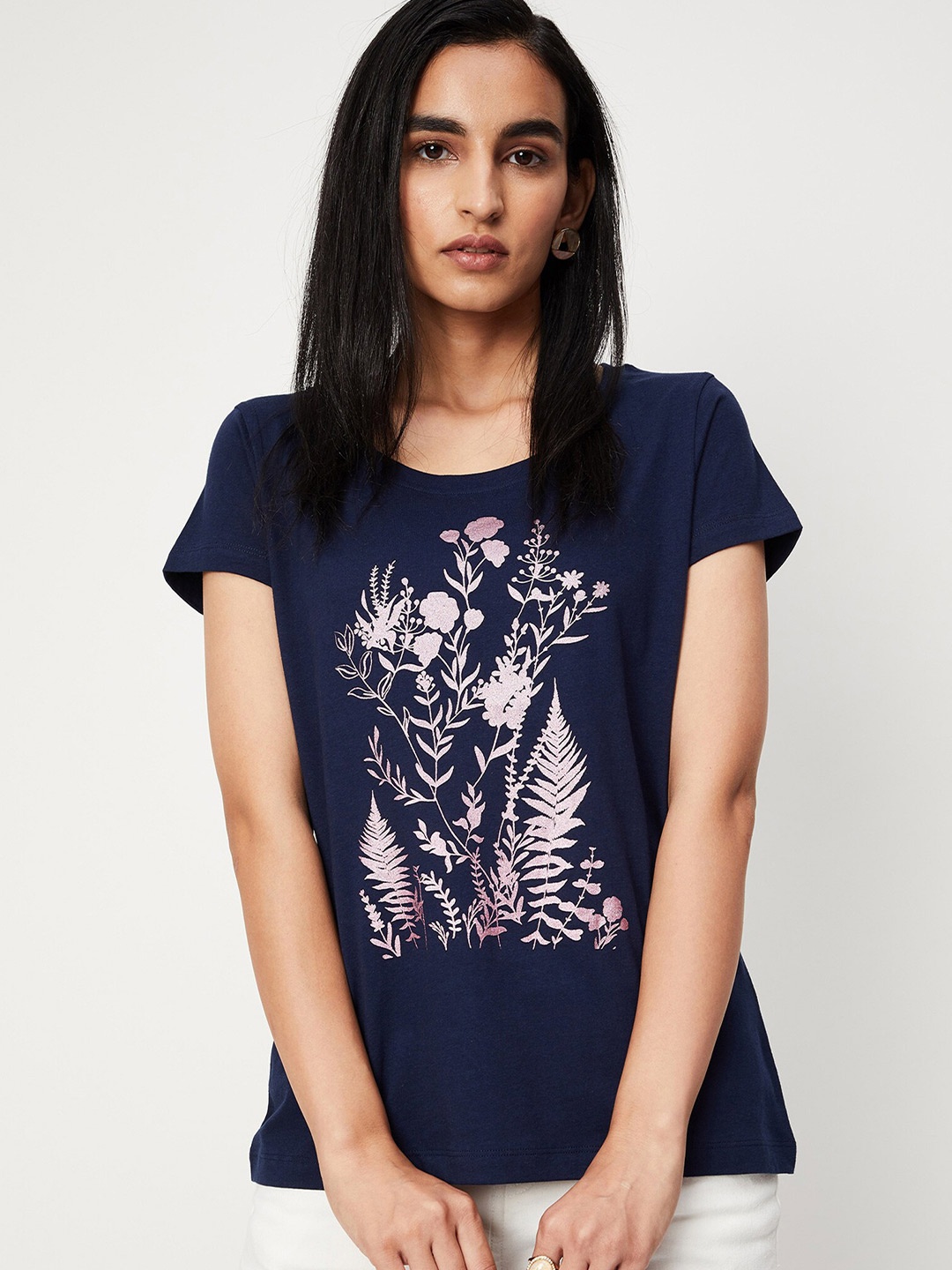 

max Women Navy Blue Floral Printed Round Neck Cotton T-shirt