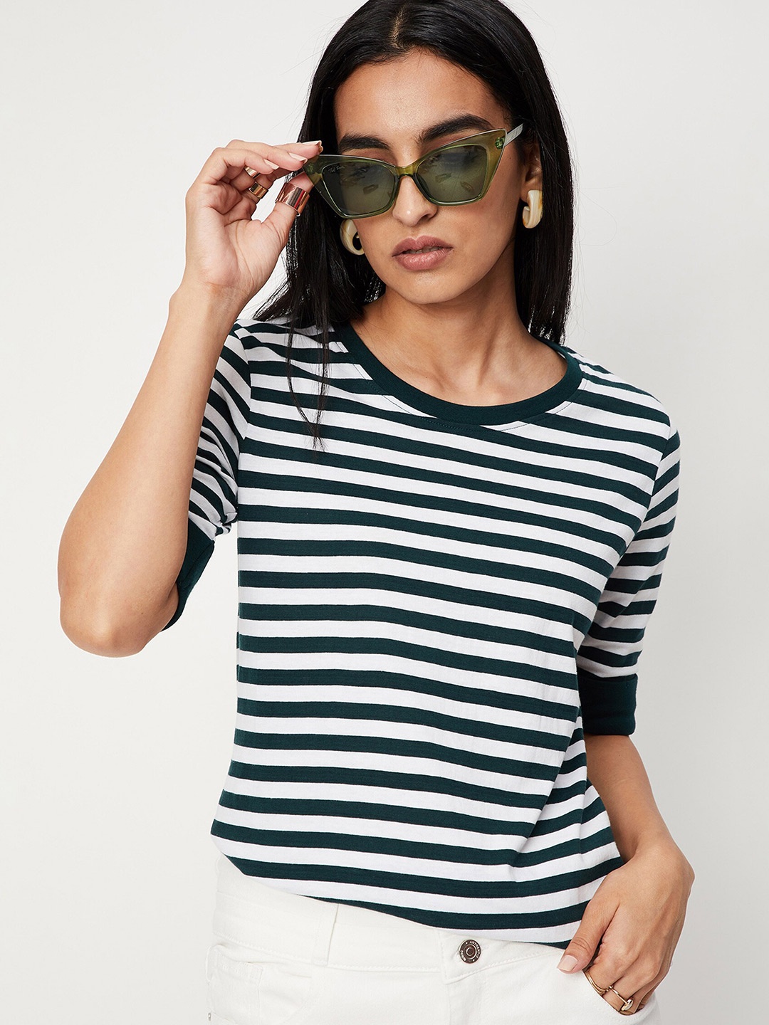 

max Women Green Striped Round Neck Cotton T-shirt