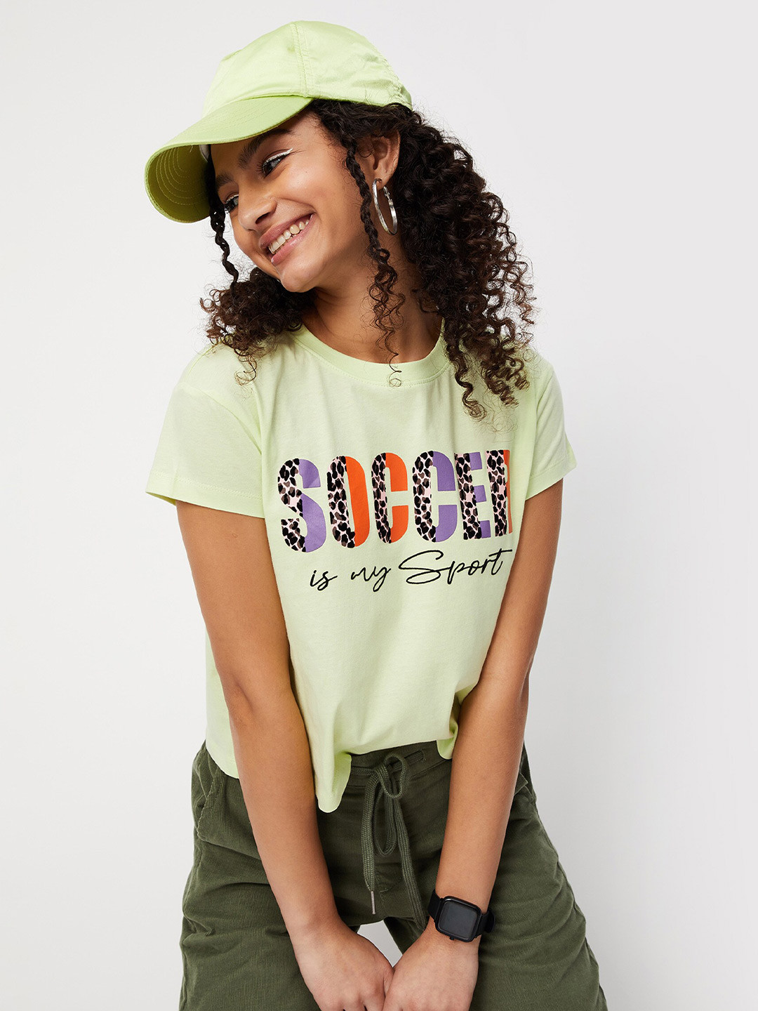 

max Women Lime Green Typography Printed Round Neck Cotton T-shirt