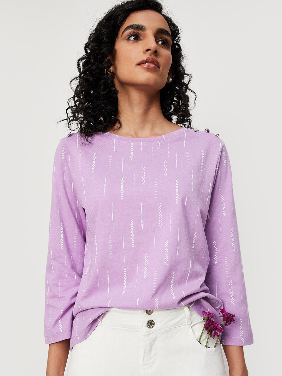 

max Women Purple Printed Round Neck Cotton T-shirt