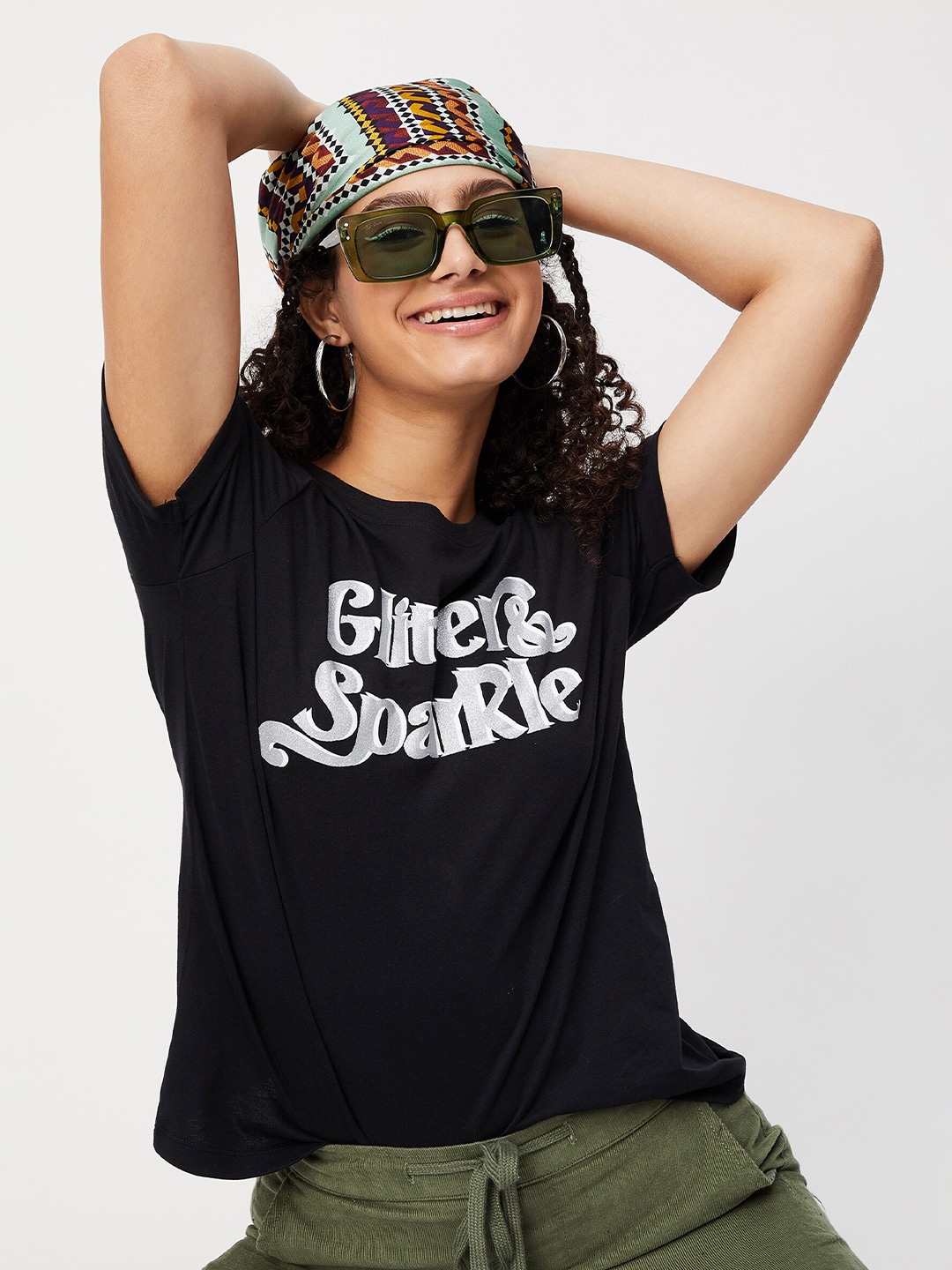 

max Women Black Typography Printed Round Neck Cotton T-shirt