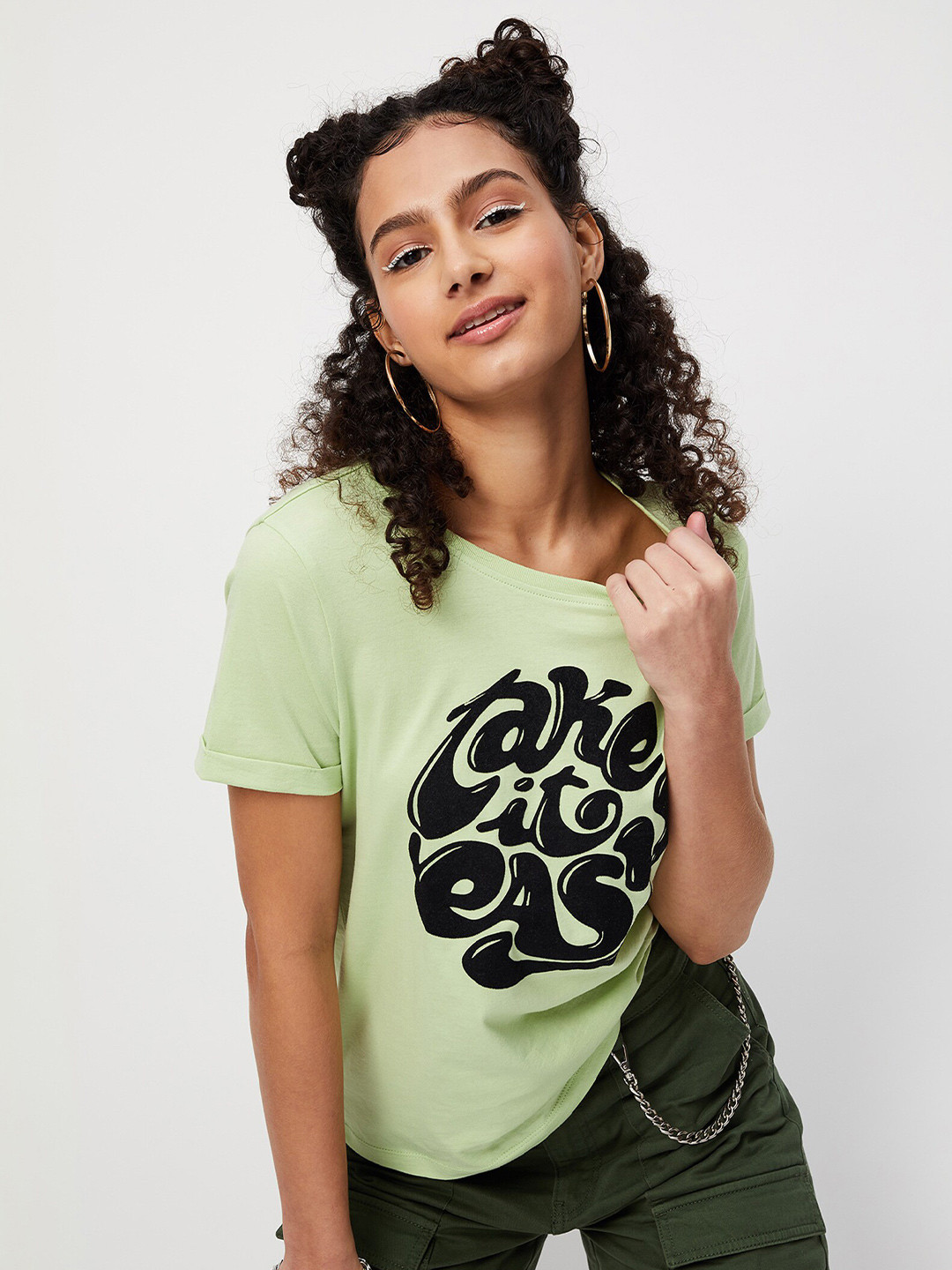 

max Women Green Typography Printed Round Neck Cotton T-shirt