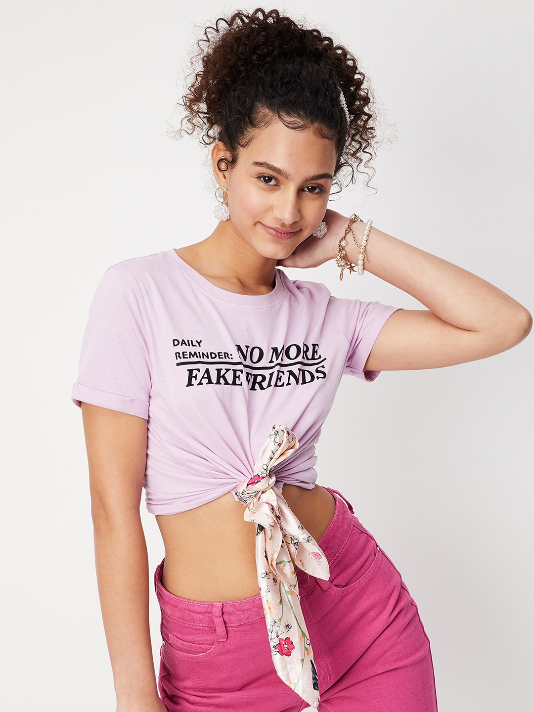 

max Women Purple Typography Printed Round Neck Cotton T-shirt