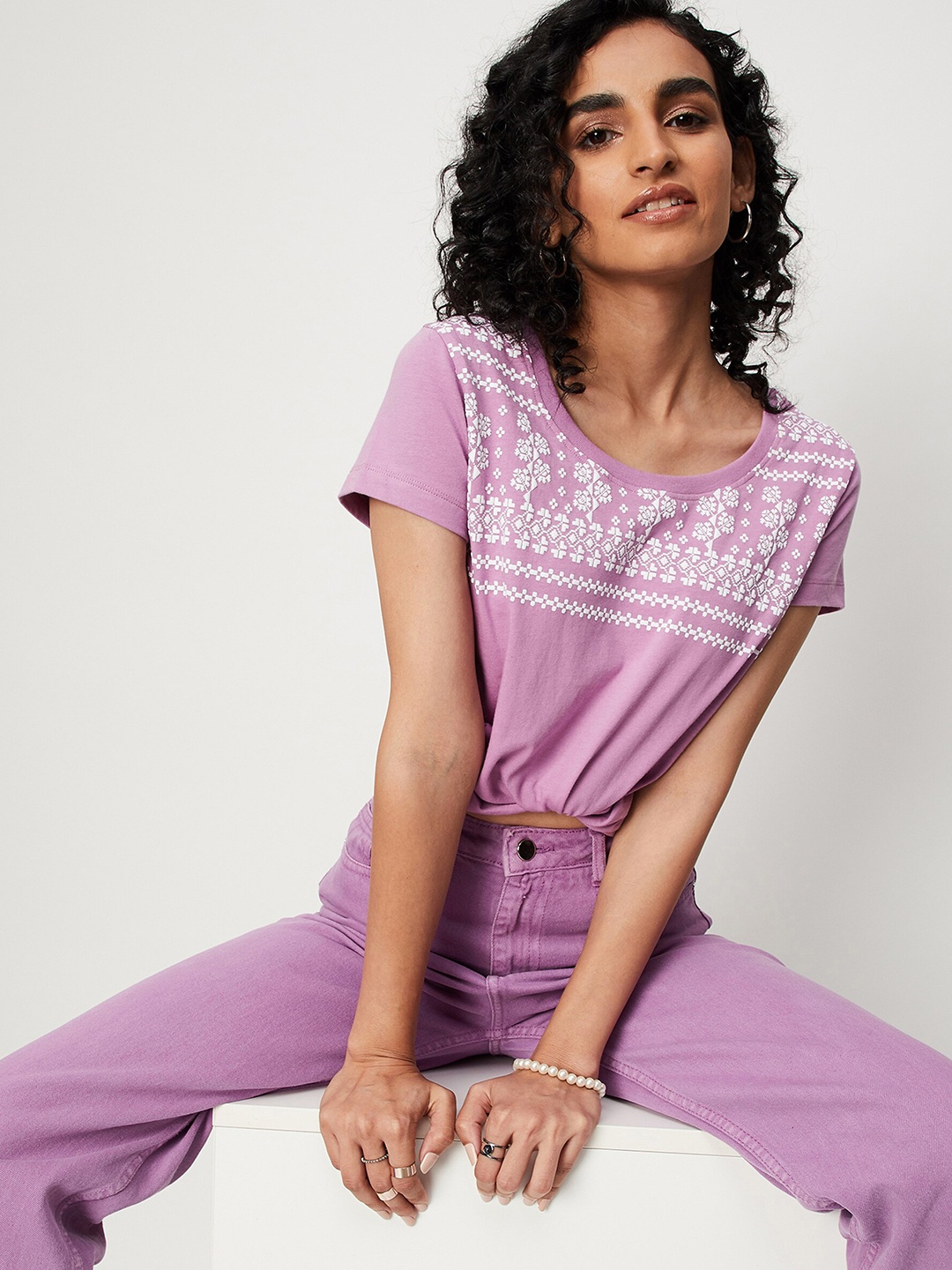 

max Women Purple Floral Printed Round Neck Cotton T-shirt