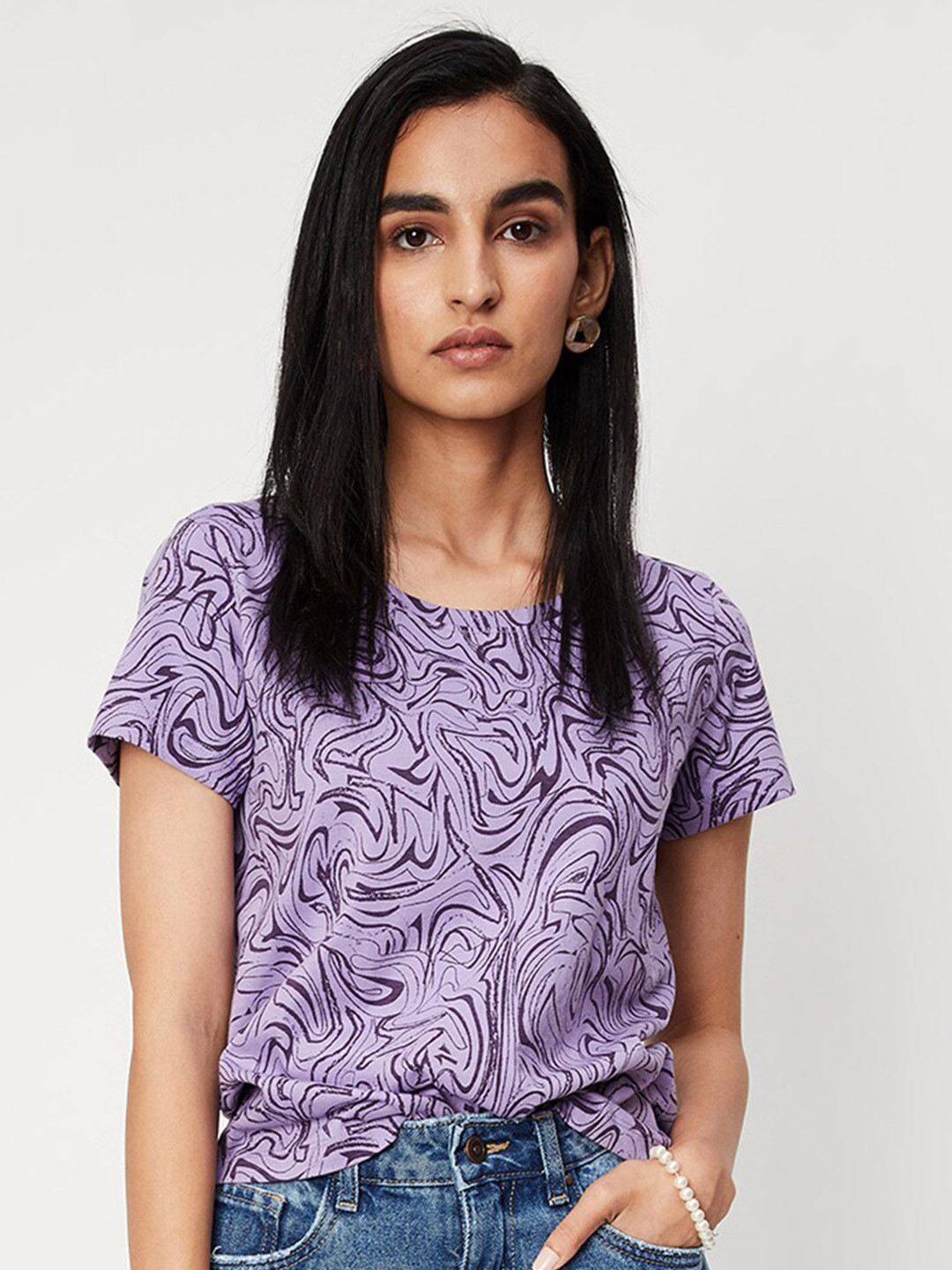 

max Women Purple Printed Cotton T-shirt