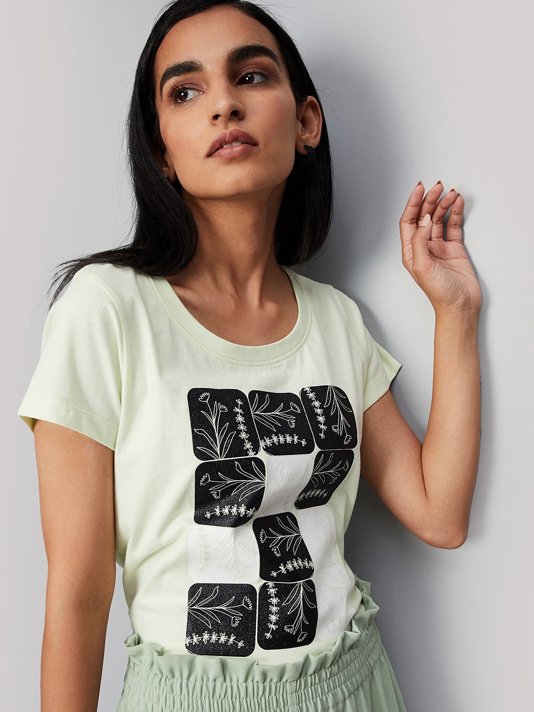 

max Women Lime Green Floral Printed Round Neck Cotton T-shirt