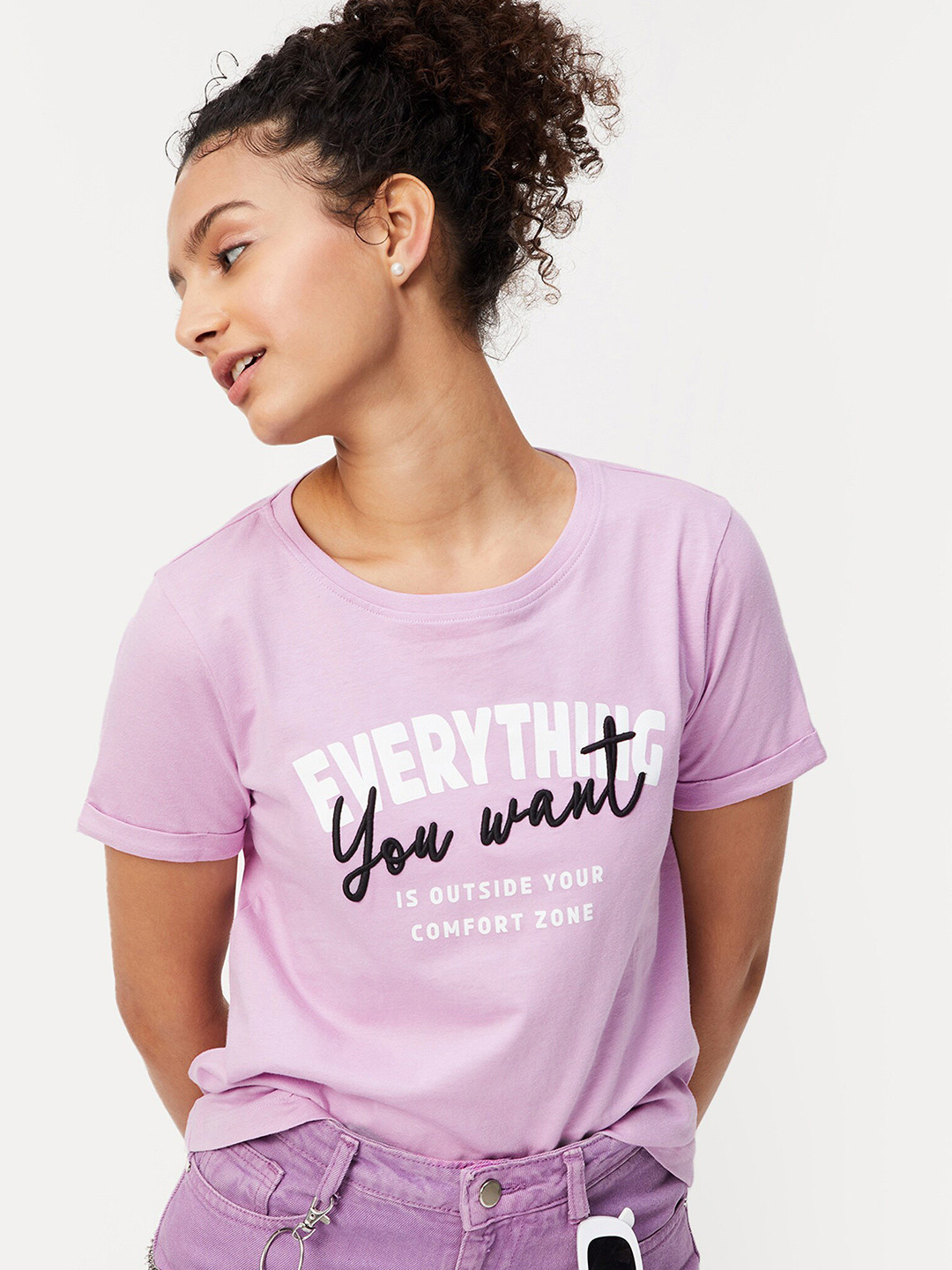 

max Women Purple Typography Printed Round Neck Cotton T-shirt