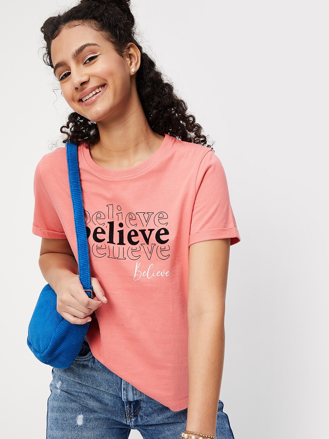 

max Women Peach Typography Printed Round Neck Cotton T-shirt