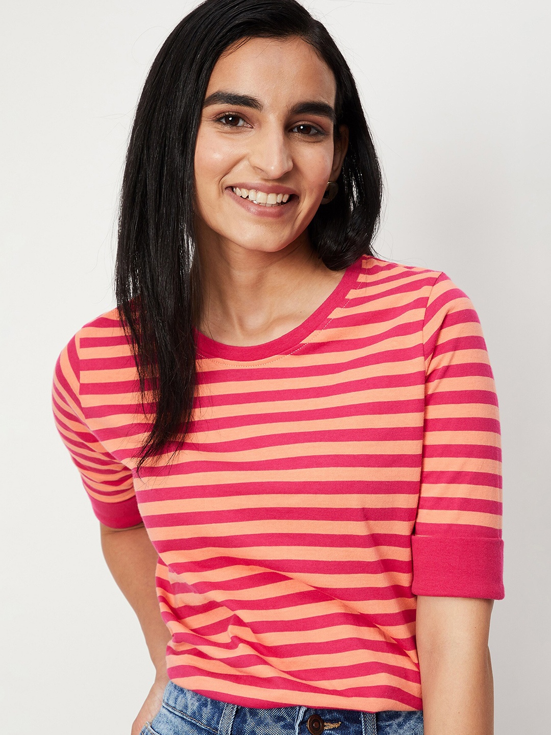 

max Women Fuchsia & Orange Striped Round Neck Cotton T-shirt