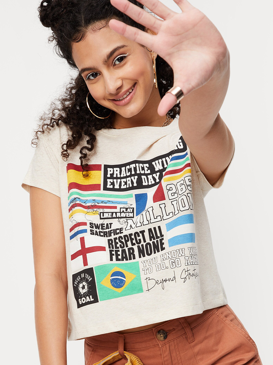 

max Women Cream Typography Printed Round Neck Cotton T-shirt