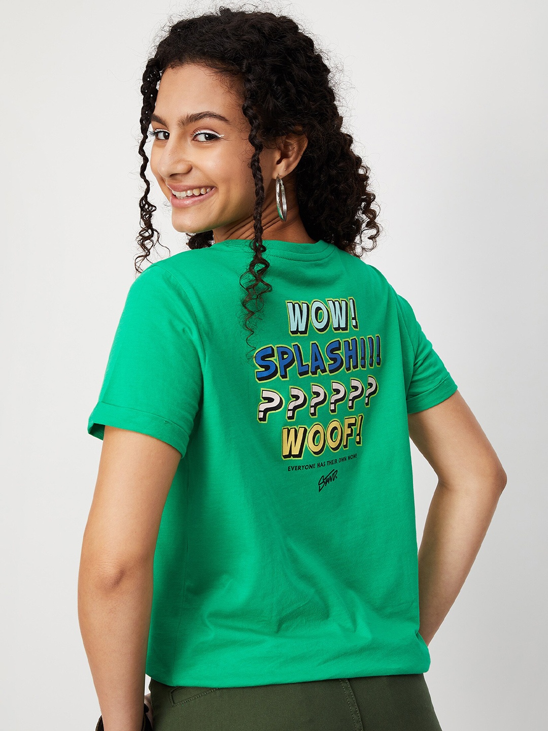 

max Women Green Typography Printed Round Neck Cotton T-shirt