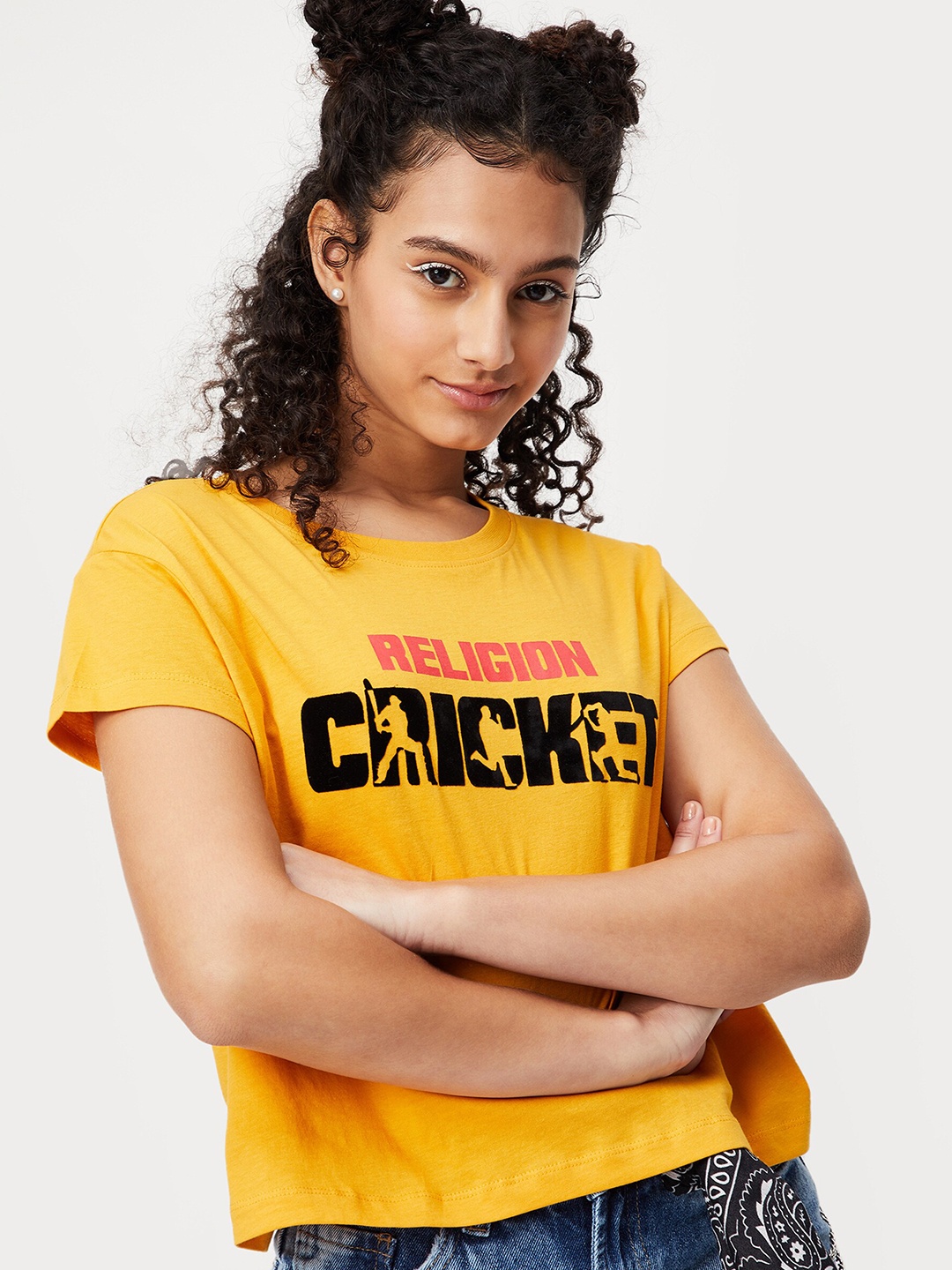 

max Women Yellow Typography Printed Round Neck Cotton T-shirt