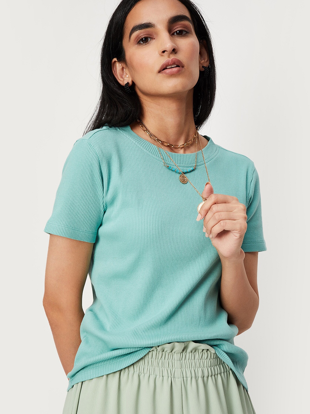 

max Women Green Round Neck Cotton T-shirt