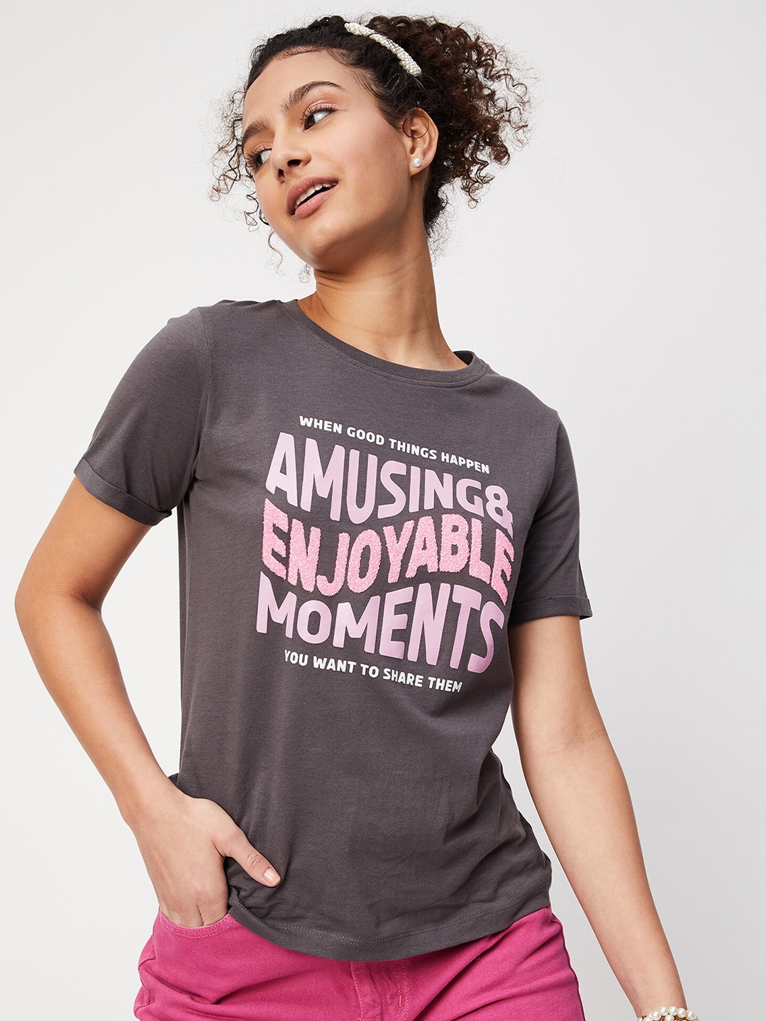 

max Women Grey Typography Printed Round Neck Cotton T-shirt