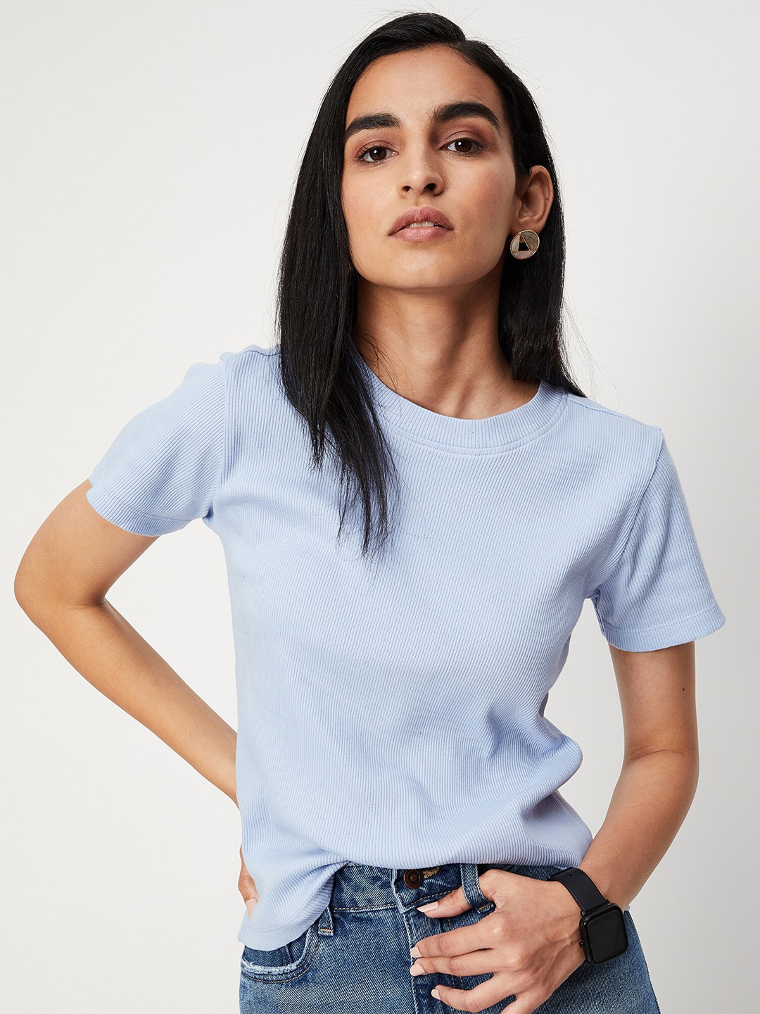 

max Women Blue Round Neck Cotton T-shirt