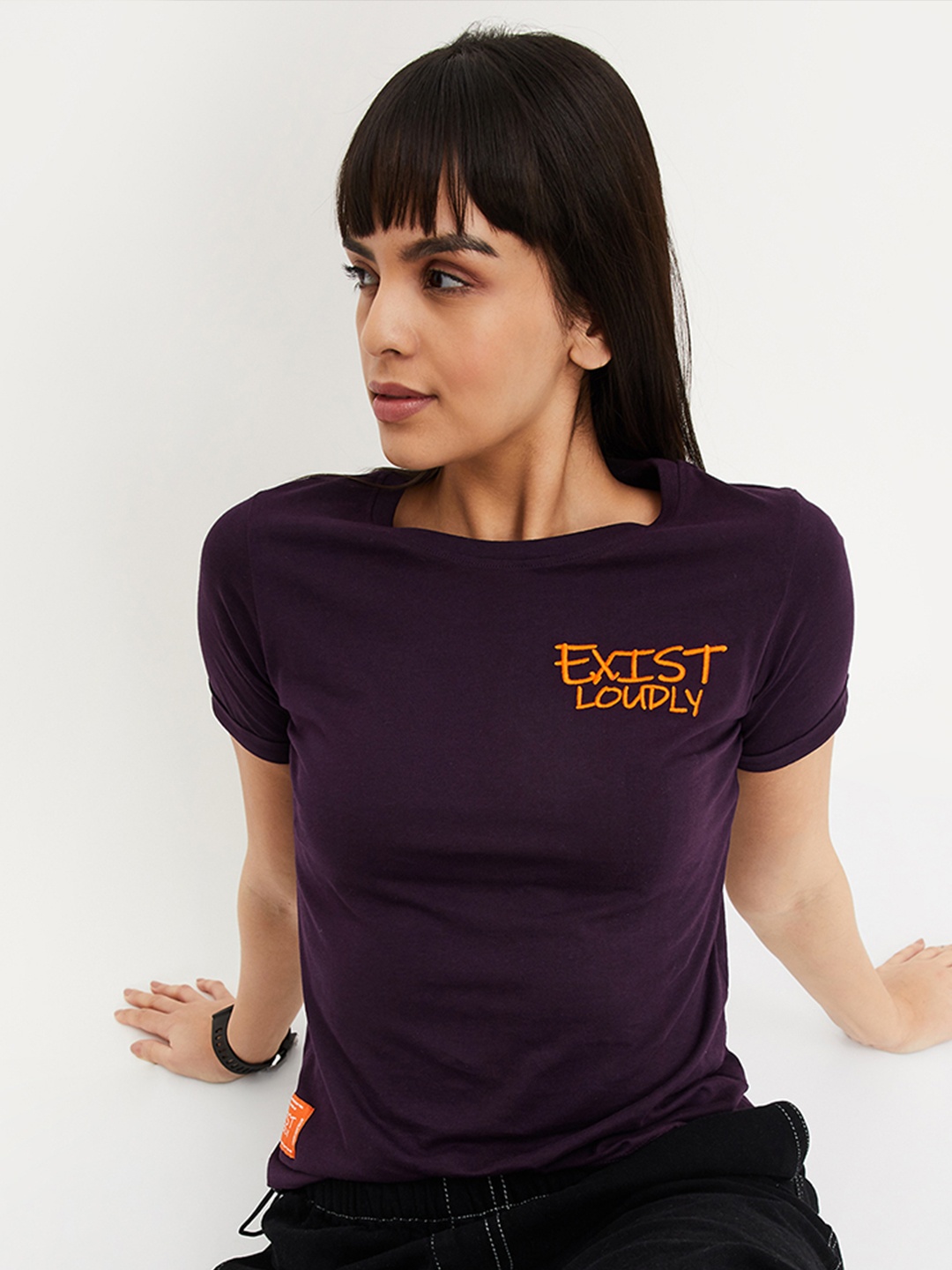 

max Women Purple Round Neck Cotton T-shirt