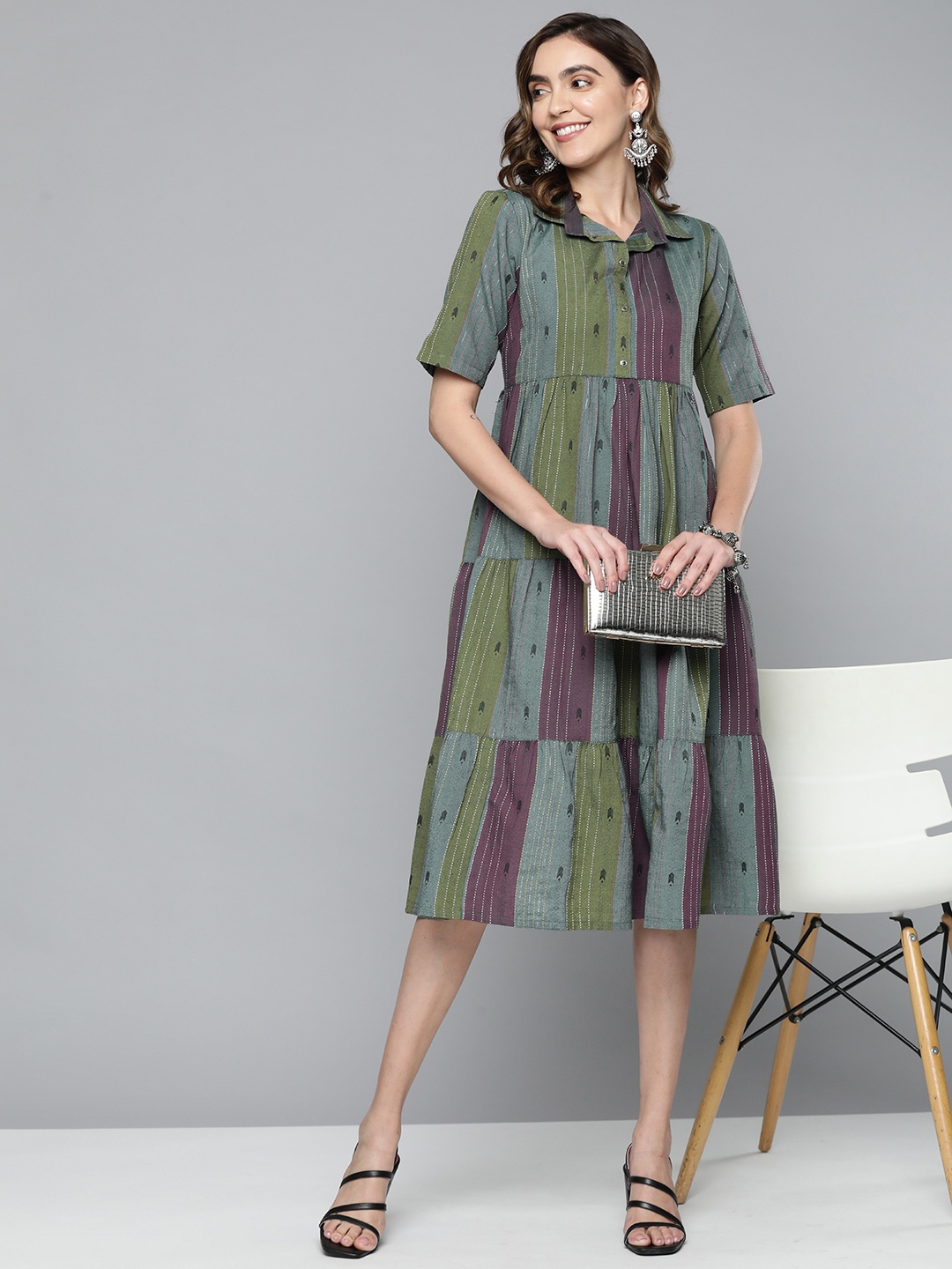 

HERE&NOW Women Magenta and Grey Striped Shirt Dress, Purple