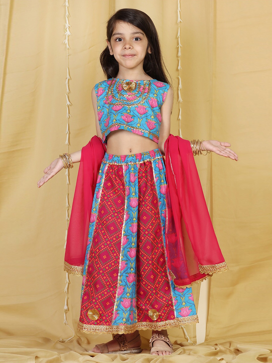 

ADIVA Girls Pink & Blue Printed Ready to Wear Cotton Lehenga & Blouse With Dupatta