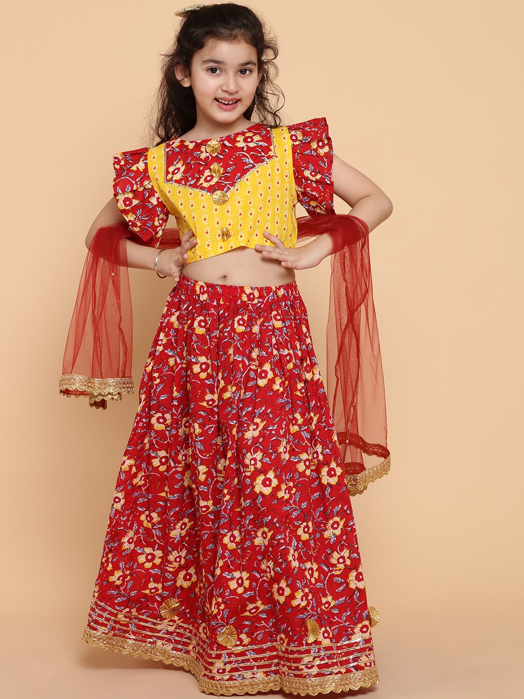 

ADIVA Girls Red & Yellow Printed Ready to Wear Lehenga & Blouse With Dupatta