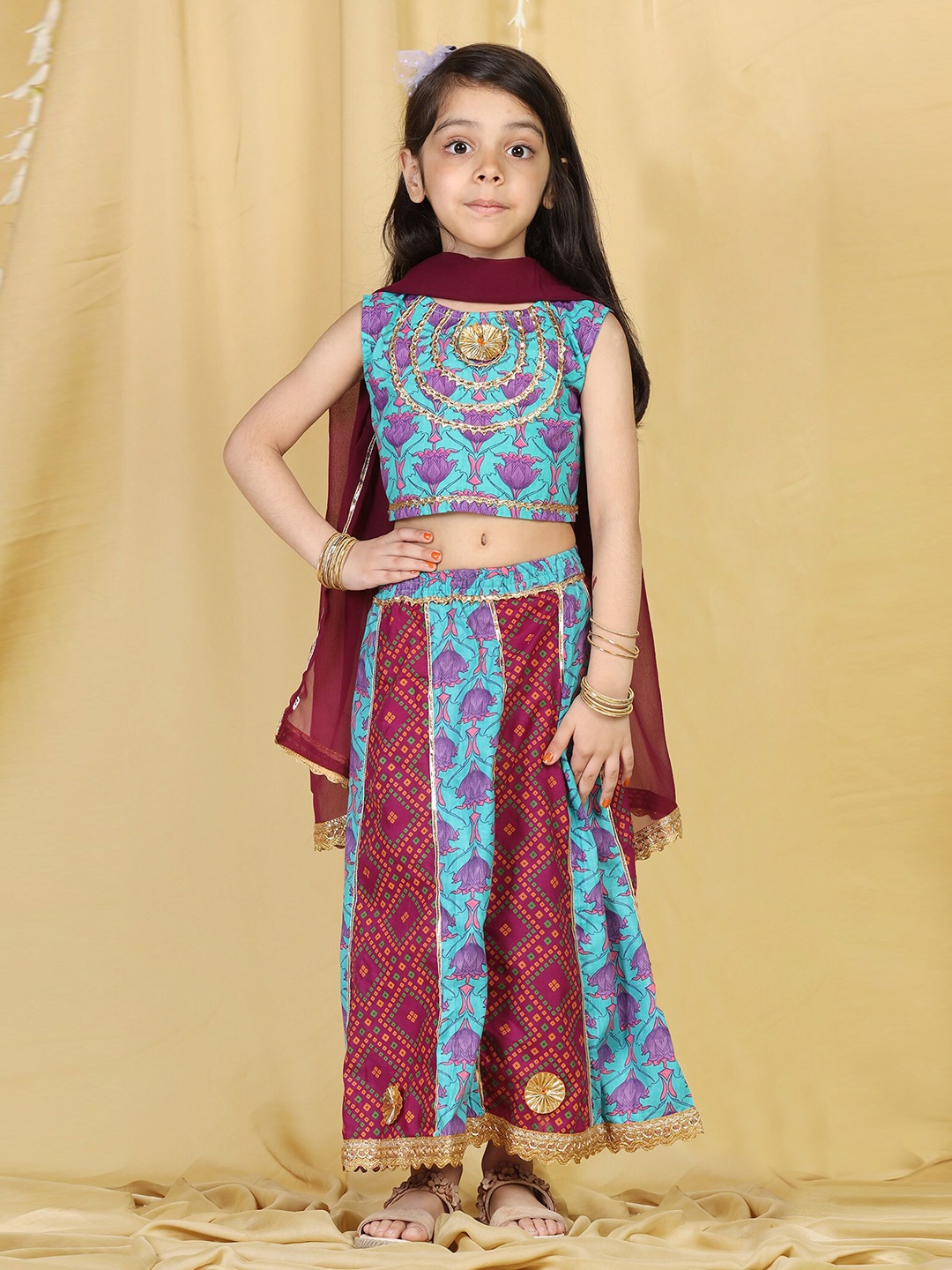 

ADIVA Girls Purple & Blue Printed Ready to Wear Cotton Lehenga & Blouse With Dupatta