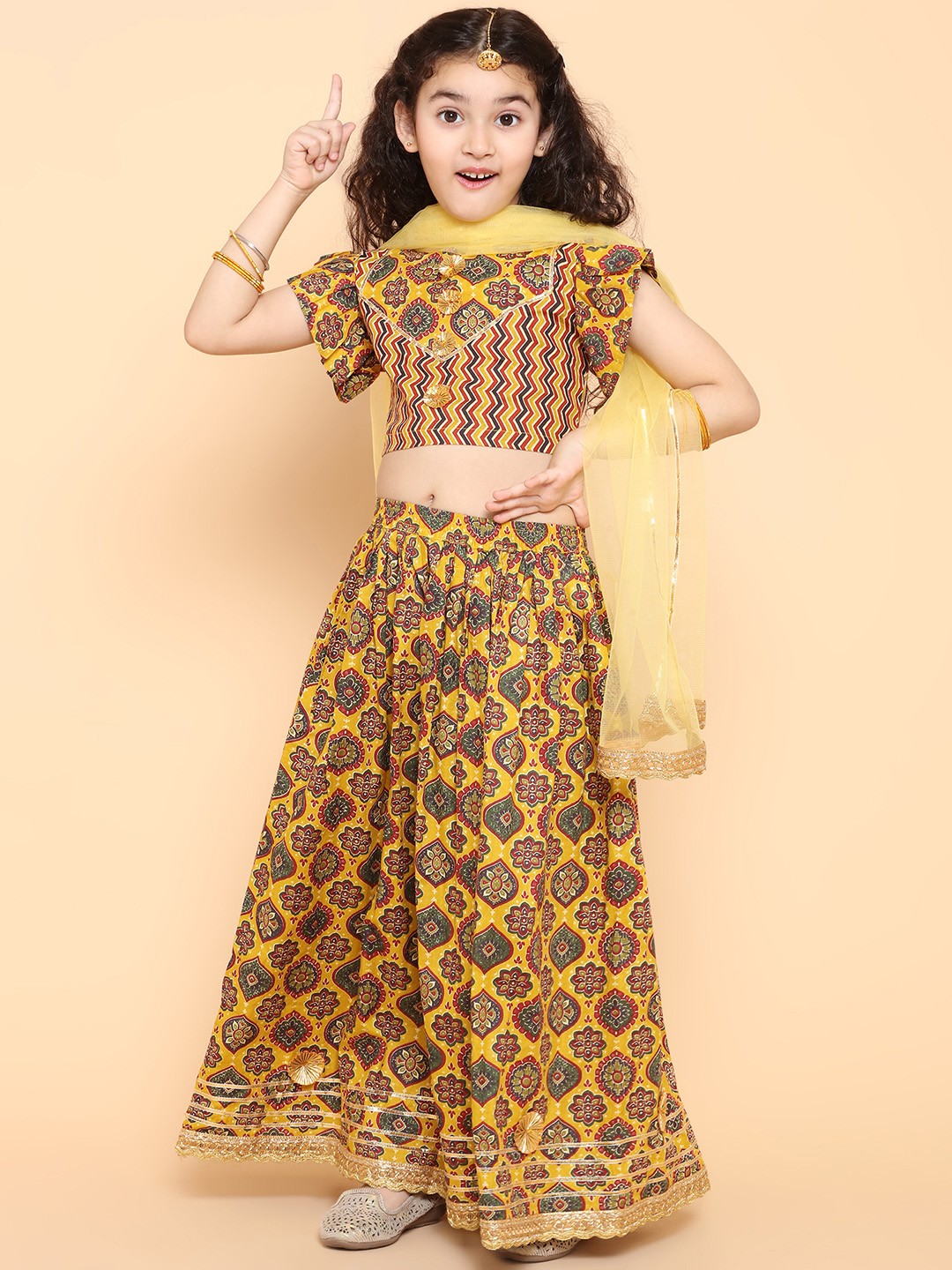 

ADIVA Girls Mustard & Blue Printed Cotton Ready to Wear Lehenga & Blouse With Dupatta
