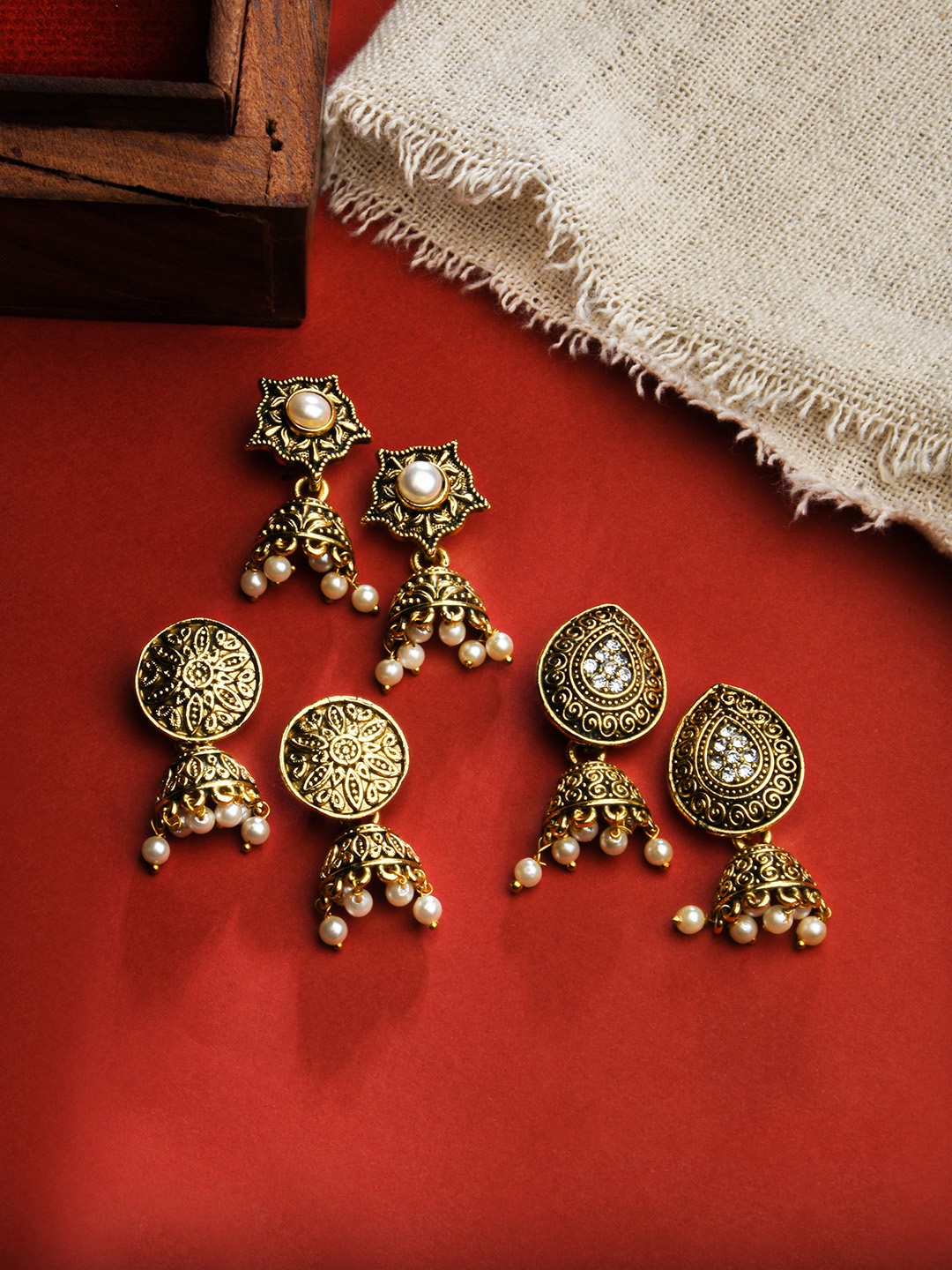 

Fida Gold & Cream Gold-Plated 3 Dome Shaped Jhumkas Earrings