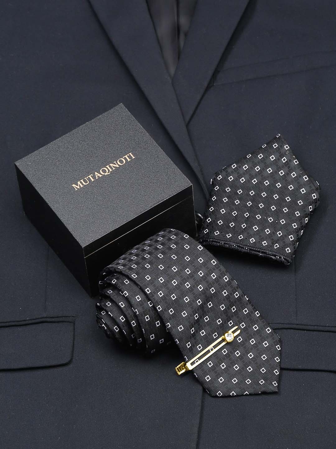 

MUTAQINOTI Men Silk Necktie Accessory Gift Set, Black
