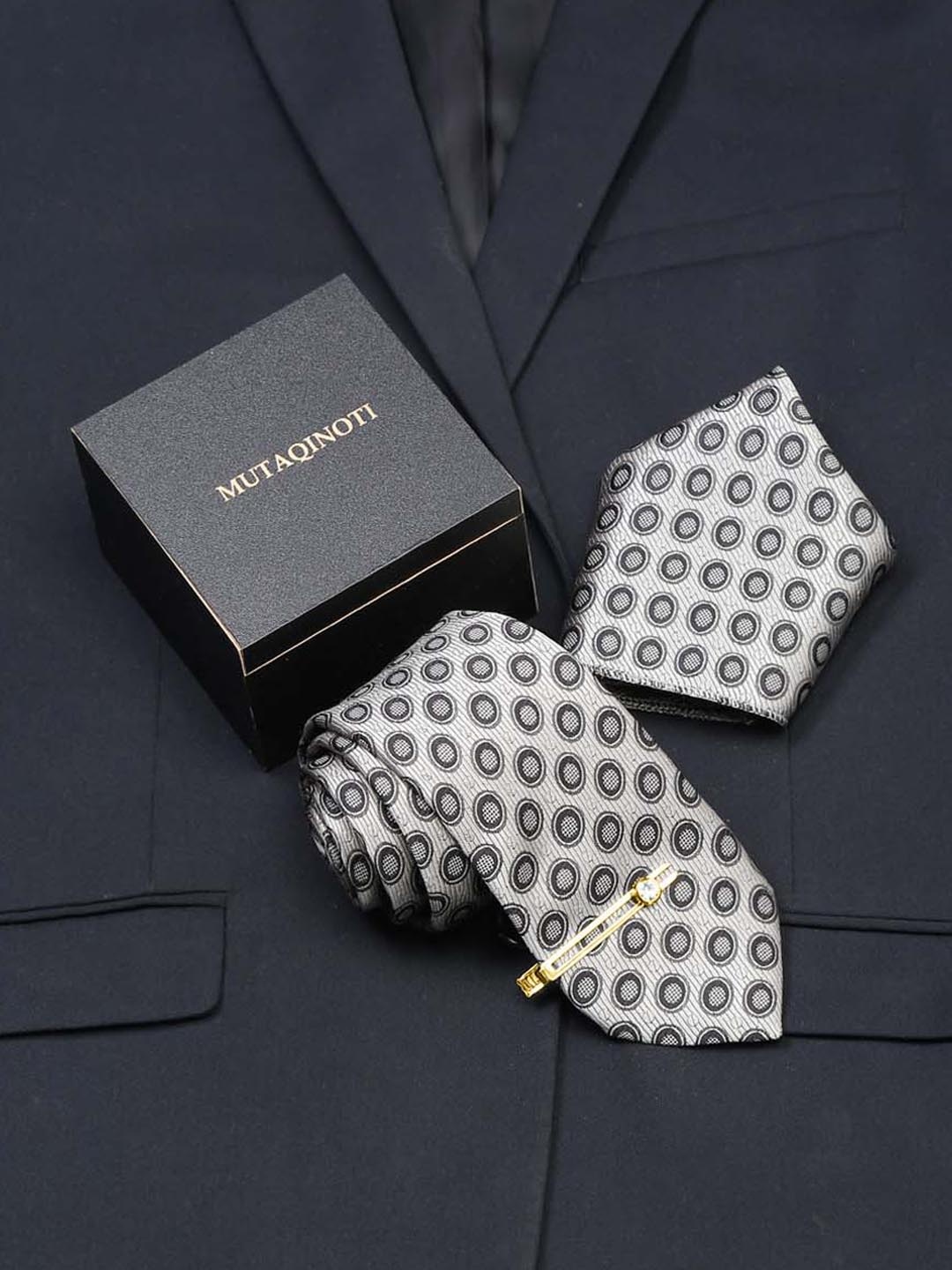 

MUTAQINOTI Men Silk Necktie Accessory Gift Set, Grey