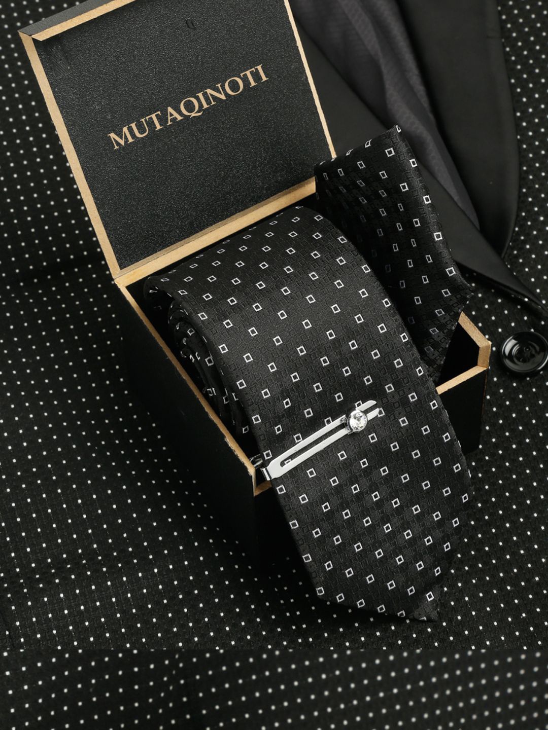 

MUTAQINOTI Men Silk Necktie Accessory Gift Set, Black