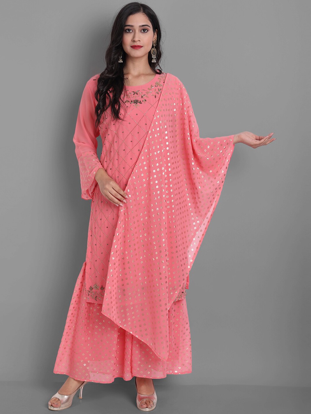 

Ziva Fashion Women Pink Embroidered Sequinned Kurta With Sharara & With Dupatta