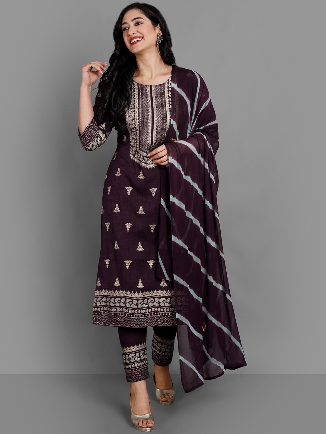 

Ziva Fashion Women Burgundy Paisley Printed Thread Work Kurta with Trousers & With Dupatta