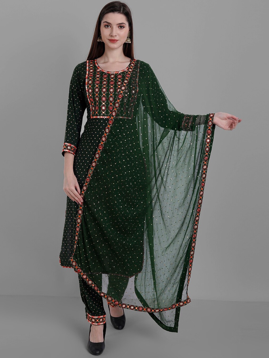 

Ziva Fashion Women Green Printed Mirror Work Kurta With Trousers & With Dupatta