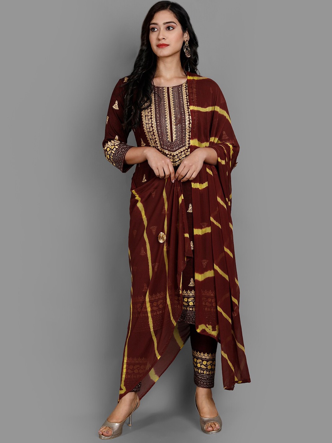 

Ziva Fashion Women Brown Printed Thread Work Kurta With Trousers & With Dupatta
