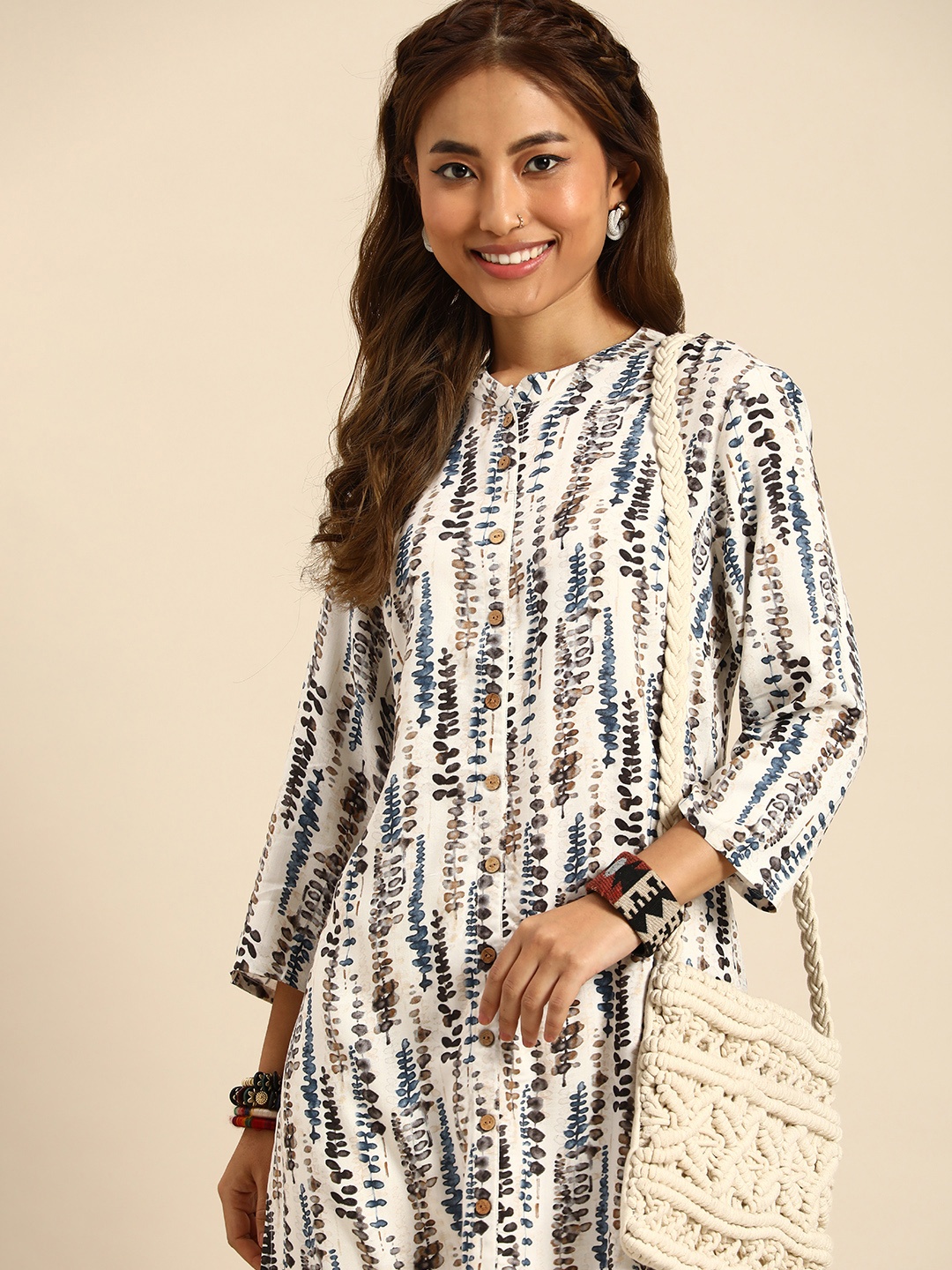 

Sangria Women Band Collar Printed Kurta, White