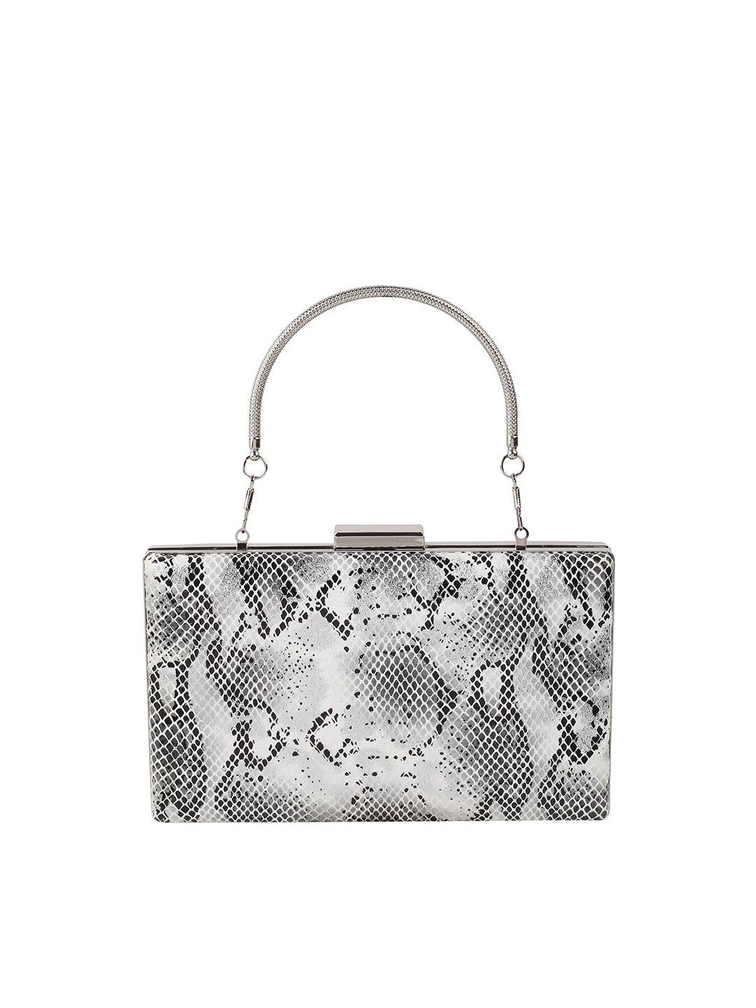 

Metro Silver-Toned & Black Printed Box Clutch