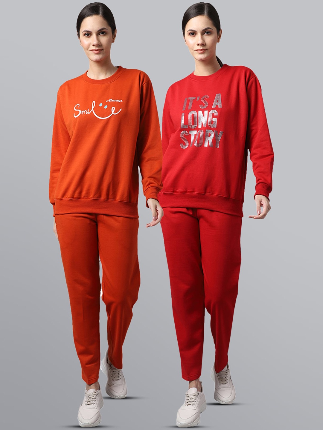 

VIMAL JONNEY Women Pack Of 2 Red & Orange Printed Fleece Tracksuits