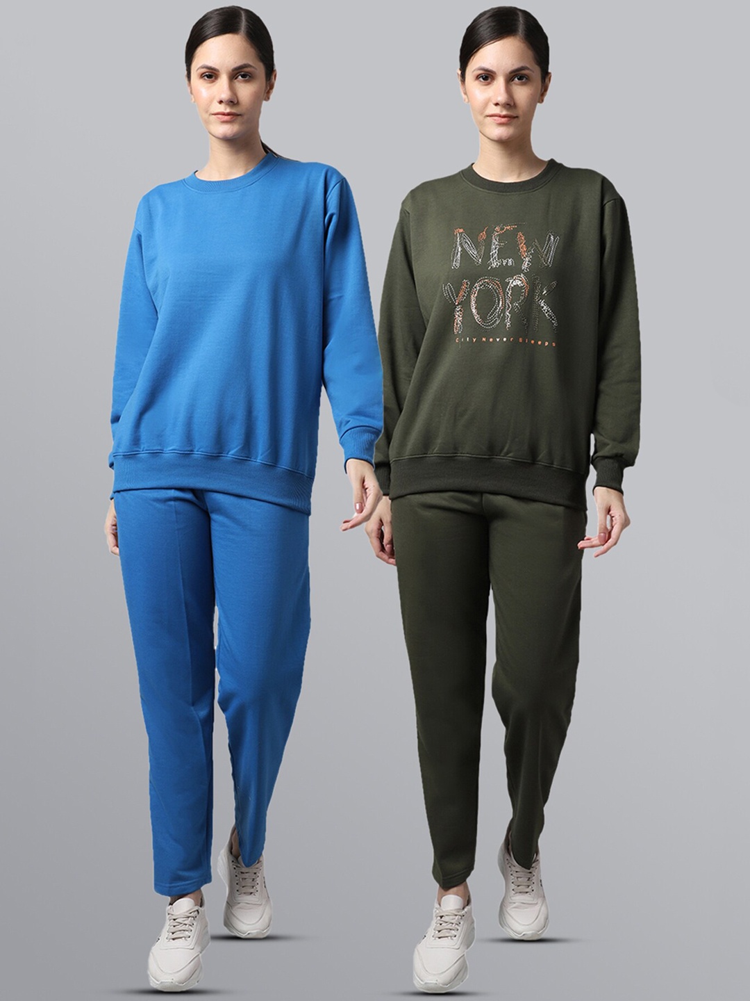 

VIMAL JONNEY Women Pack Of 2 Blue & Olive Green Printed Fleece Tracksuits