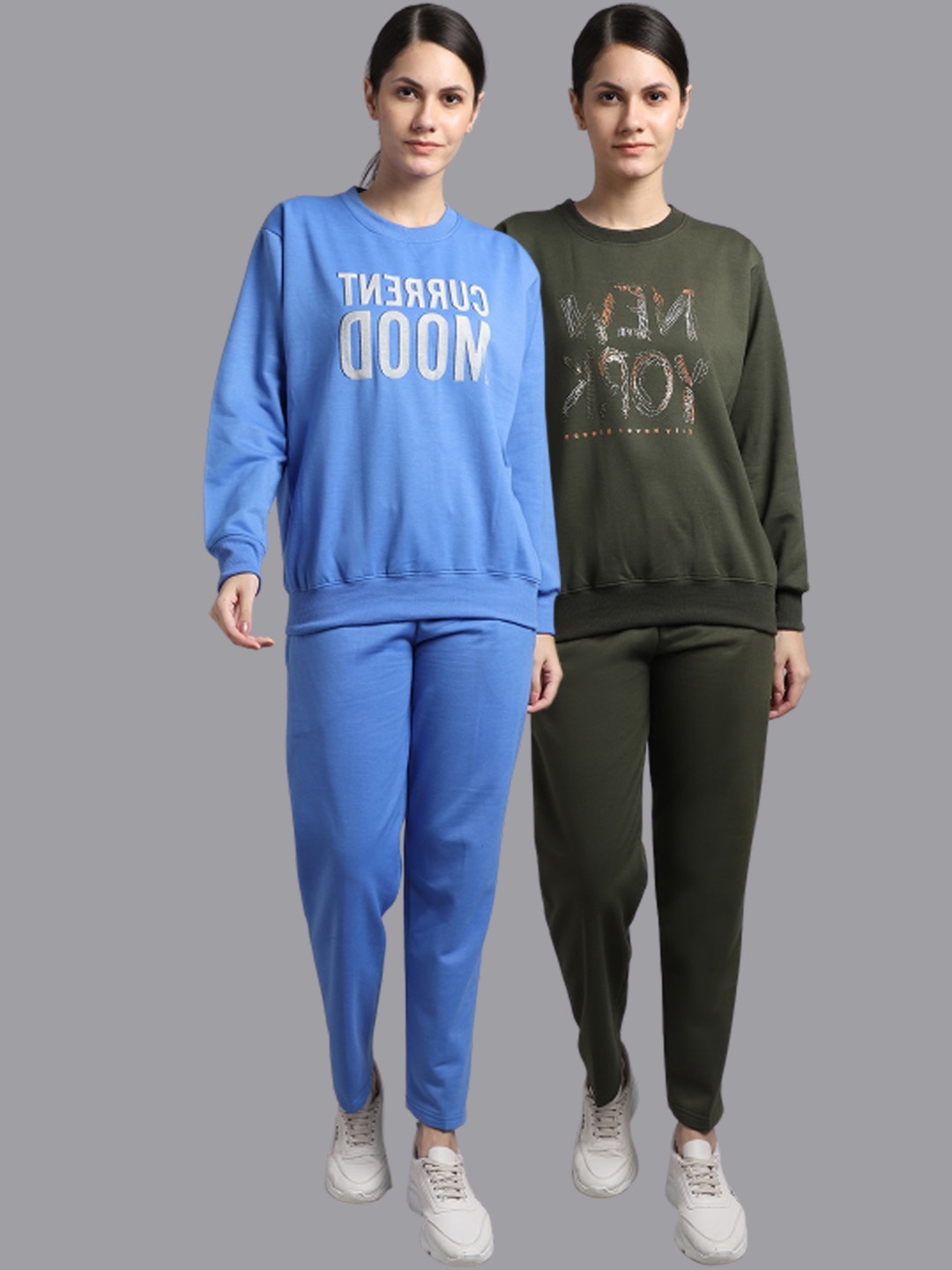 

VIMAL JONNEY Women Pack Of 2 Blue & Olive Green Printed Fleece Tracksuits