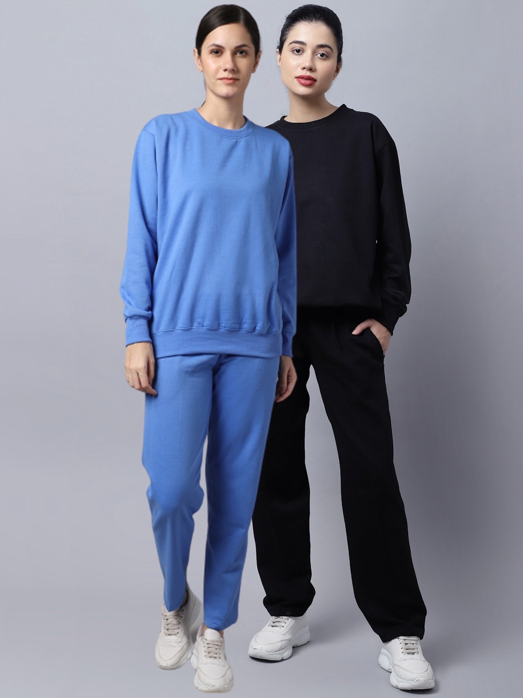 

VIMAL JONNEY Women Pack Of 2 Blue & Black Solid Fleece Tracksuits