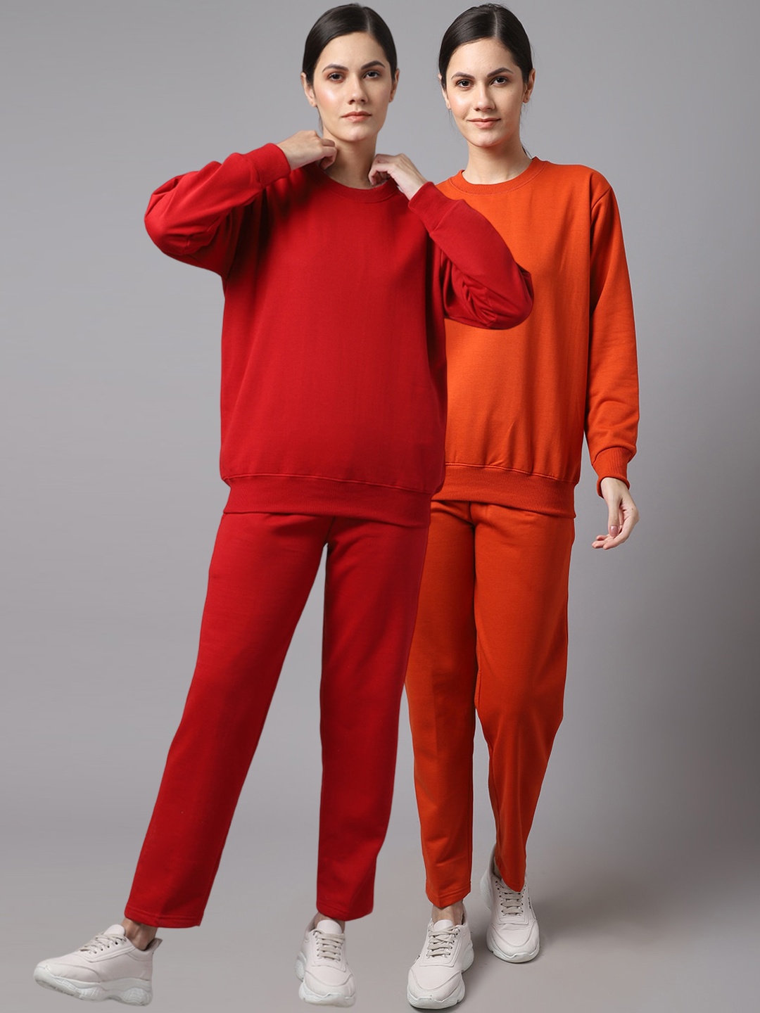

VIMAL JONNEY Women Pack Of 2 Red & Orange Solid Fleece Tracksuits