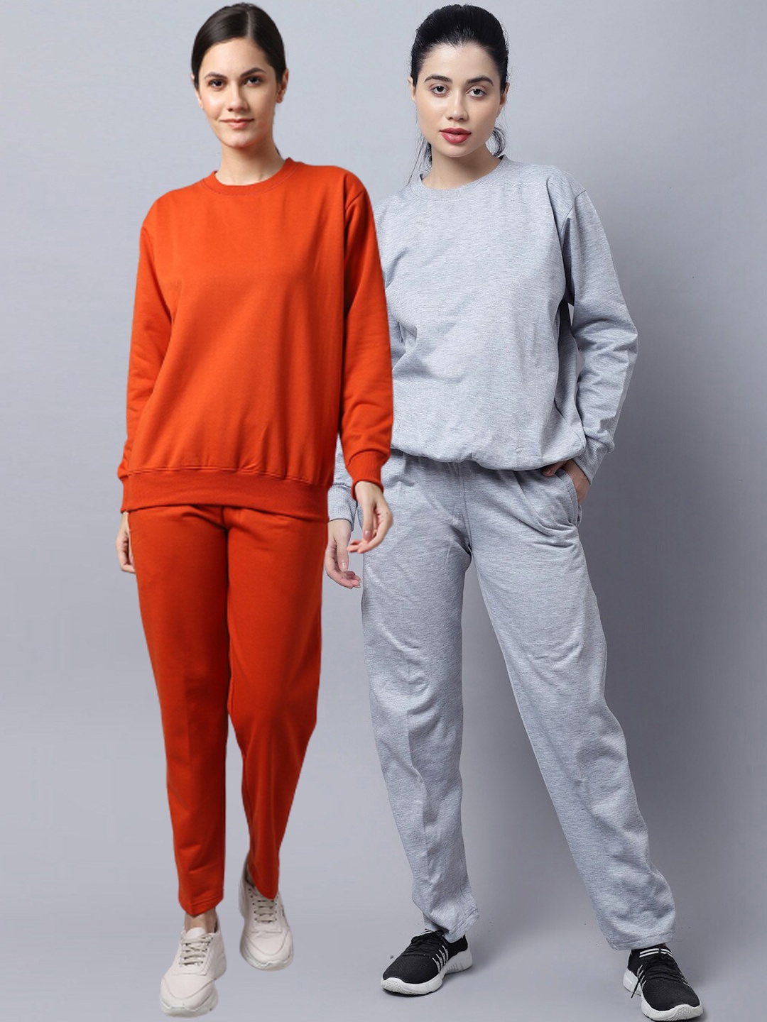 

VIMAL JONNEY Women Pack Of 2 Grey & Orange Solid Fleece Tracksuits