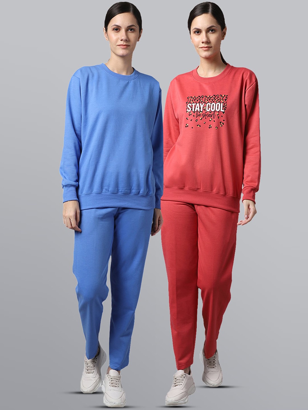 

VIMAL JONNEY Women Pack of 2 Pink & Blue Printed Fleece Tracksuits
