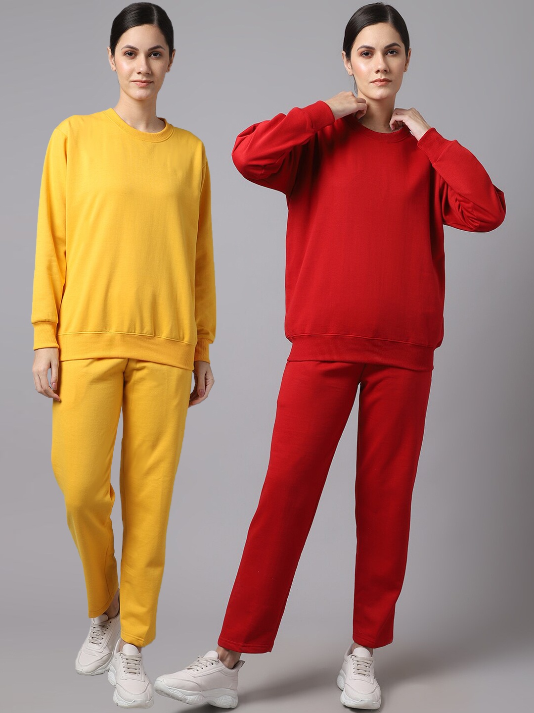 

VIMAL JONNEY Women Pack Of 2 Yellow & Red Solid Fleece Tracksuits