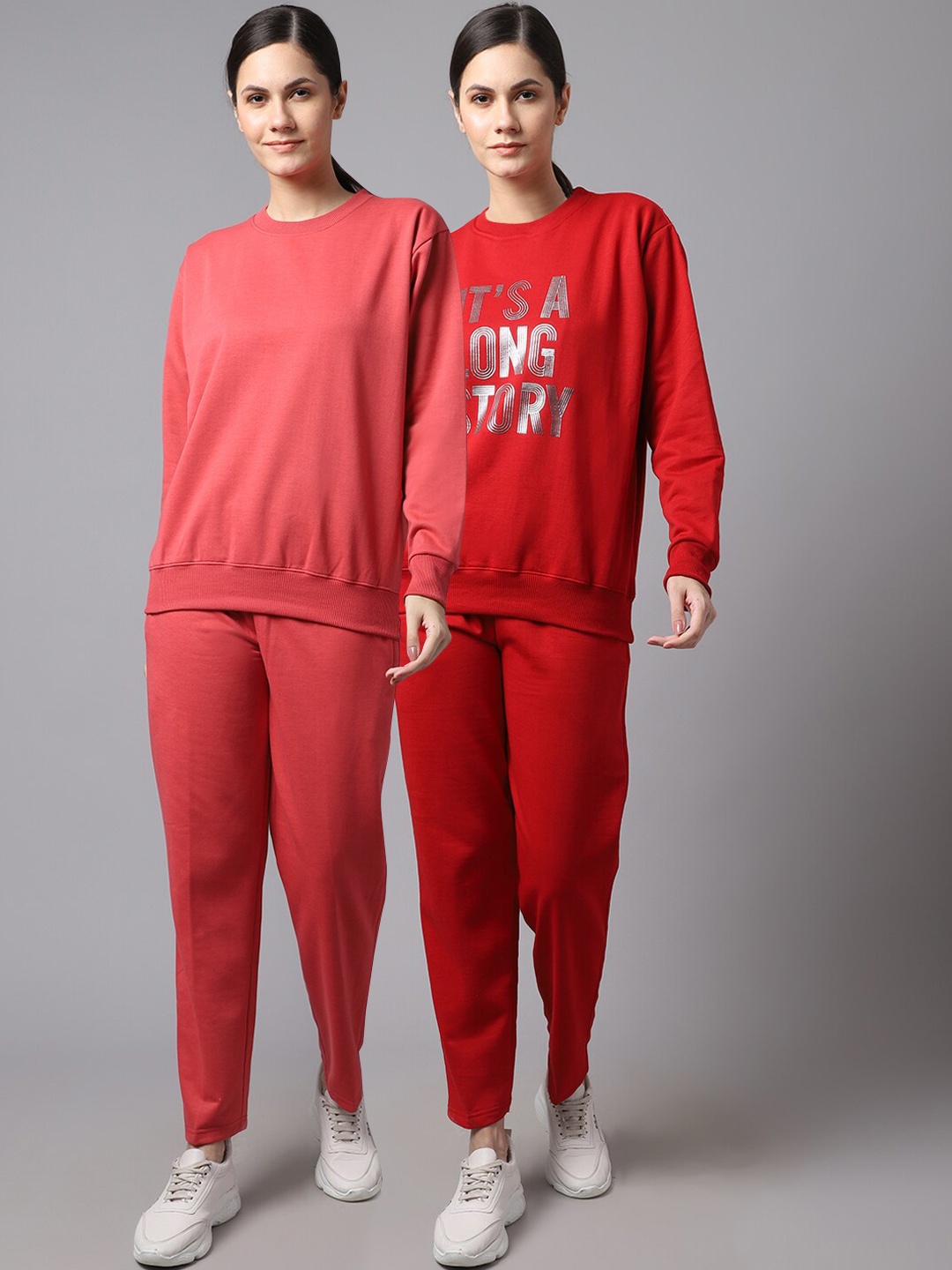 

VIMAL JONNEY Women Pack Of 2 Solid Pure Cotton Tracksuits, Pink