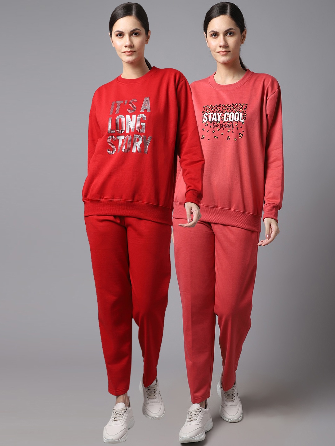 

VIMAL JONNEY Women Pack of 2 Red & Coral Solid Tracksuits