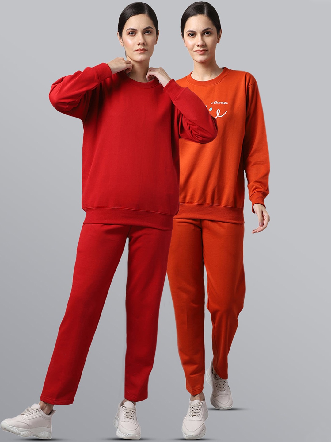 

VIMAL JONNEY Women Pack Of 2 Red & Orange Printed Fleece Tracksuits