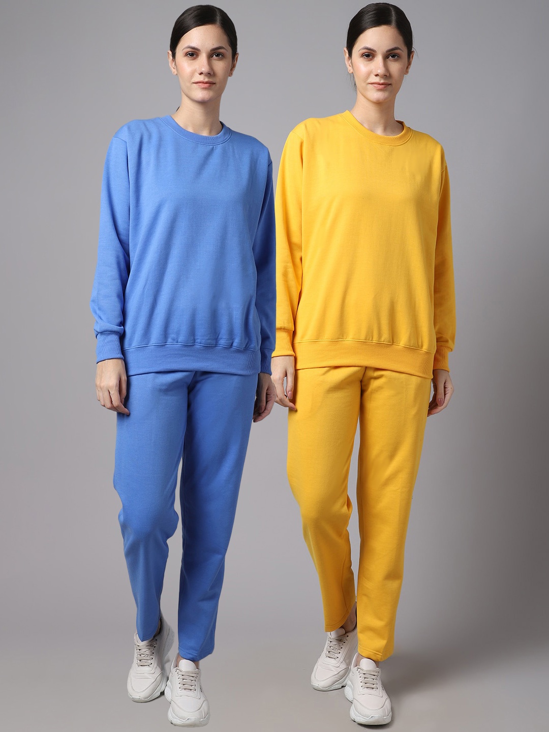 

VIMAL JONNEY Women Pack Of 2 Blue & Yellow Solid Fleece Tracksuits